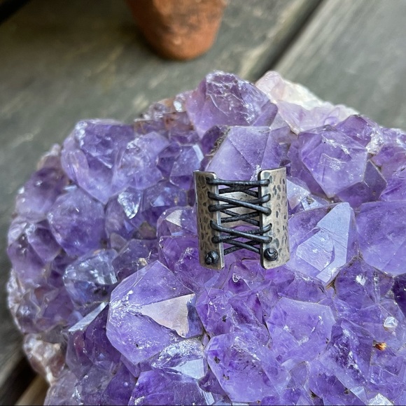 HAND-FORGED Sterling Silver Corset Ring Laced with Leather Size 6-6.5 - Picture 4 of 6
